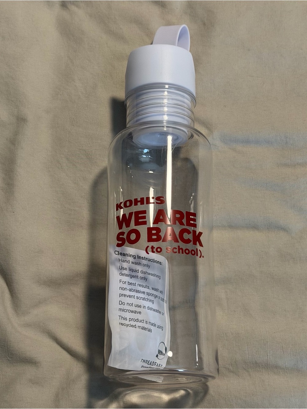 Kohl's Clear Water Bottle with White Cap and Red Logo